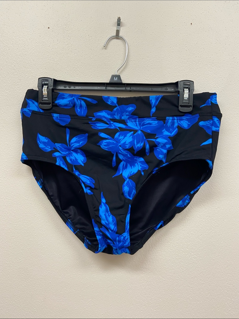 Lands' End Black Bikini Bottoms with Bright Blue Floral Print